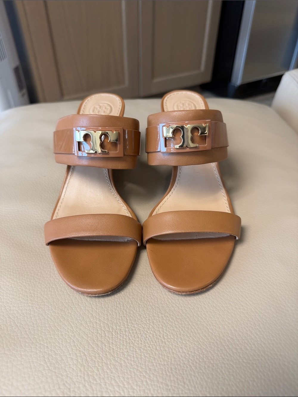 Tory Burch Tan Leather Slide Mules with Gold Logo